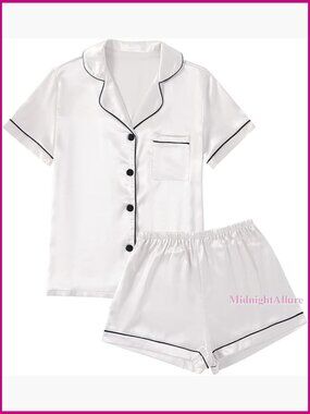 Silky Satin Pajama Set Short Sleeve Button Down Shirt With Shorts Sleepwear